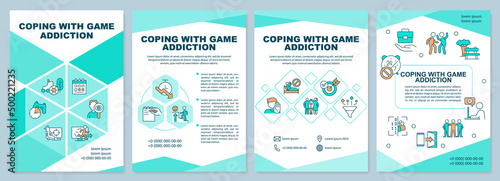 Coping with game addiction mint brochure template. Break with bad habit. Leaflet design with linear icons. 4 vector layouts for presentation, annual reports. Arial-Black, Myriad Pro-Regular fonts used