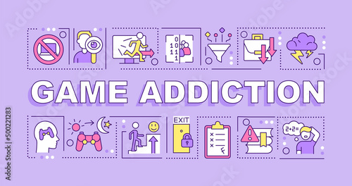 Game addiction word concepts purple banner. Obsession with videogames. Infographics with icons on color background. Isolated typography. Vector illustration with text. Arial-Black font used