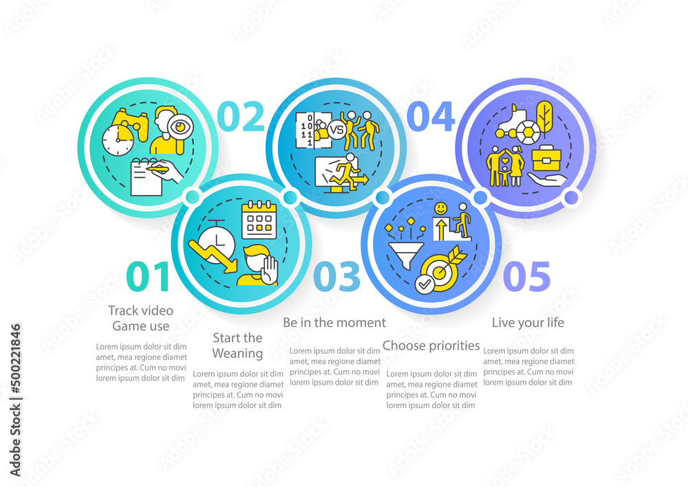 Coping with gaming addiction circle infographic template. Games obsession. Data visualization with 5 steps. Process timeline info chart. Workflow layout with line icons. Myriad Pro-Regular font used Coping with gaming addiction circle infographic template. Games obsession. Data visualization with 5 steps. Process timeline info chart. Workflow layout with line icons. Myriad Pro-Regular font used