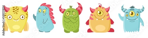 Vector set for children's illustration. Cute toothy monsters. Little dinosaurs.