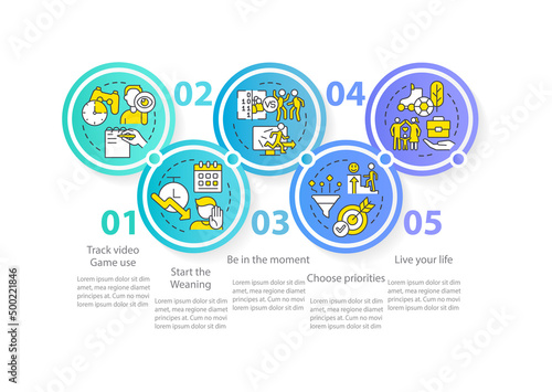 Coping with gaming addiction circle infographic template. Games obsession. Data visualization with 5 steps. Process timeline info chart. Workflow layout with line icons. Myriad Pro-Regular font used