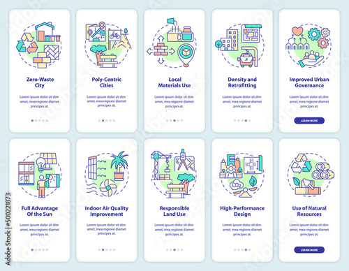 Green design principles in architecture onboarding mobile app screen set. Walkthrough 5 steps graphic instructions pages with linear concepts. UI, UX, GUI template. Myriad Pro-Bold, Regular fonts used