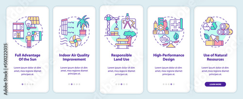 Sustainable architecture principles onboarding mobile app screen. Walkthrough 5 steps graphic instructions pages with linear concepts. UI, UX, GUI template. Myriad Pro-Bold, Regular fonts used