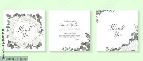 Vector template for wedding invitation. White dahlia, eucalyptus, green leaves and plants, round frame.