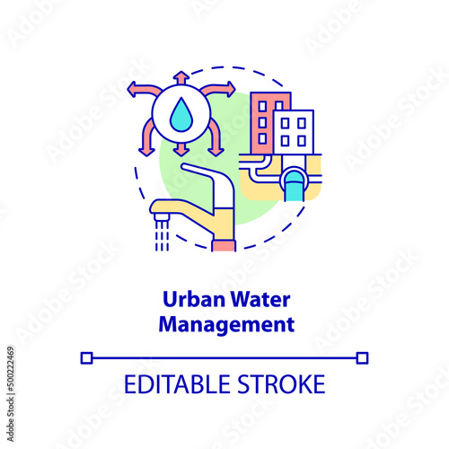 Urban water management concept icon. Conserving urban biodiversity abstract idea thin line illustration. Manage freshwater. Isolated outline drawing. Editable stroke. Arial, Myriad Pro-Bold fonts used