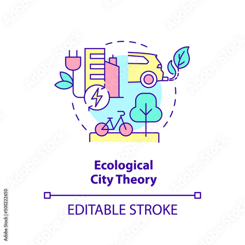 Ecological city theory concept icon. Sustainability in urban planning abstract idea thin line illustration. Ecocity. Isolated outline drawing. Editable stroke. Arial, Myriad Pro-Bold fonts used