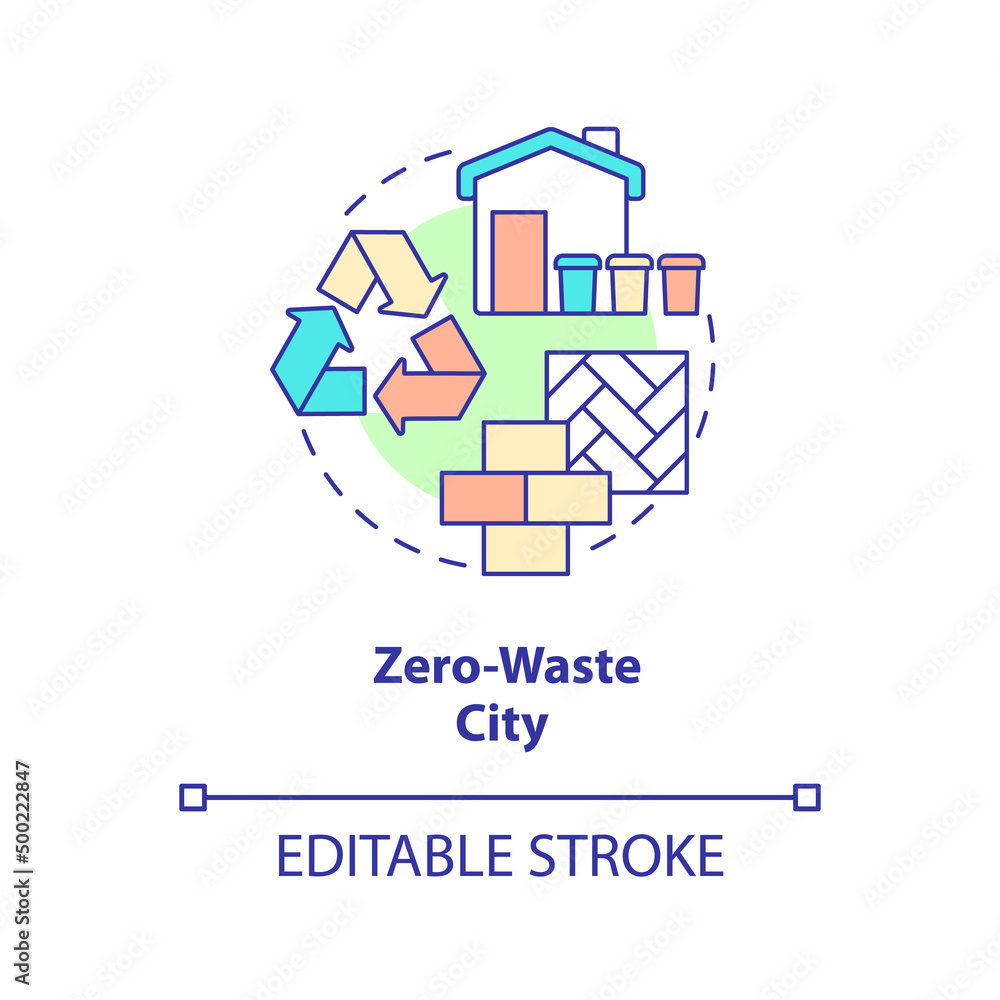 Zero-waste city concept icon. Green urbanism principle abstract idea thin line illustration. Waste and resource management. Isolated outline drawing. Editable stroke. Arial, Myriad Pro-Bold fonts used
