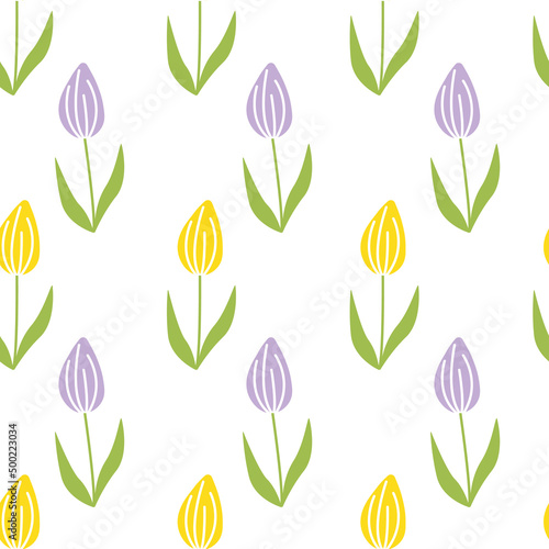 Tulip. Spring seamless pattern with purple and yellow flowers. Flat, cartoon, vector