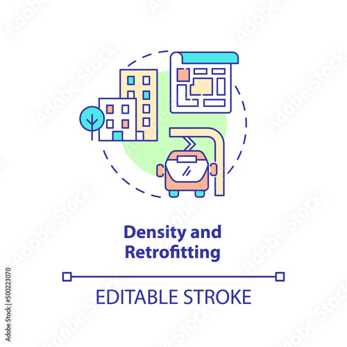Density and retrofitting concept icon. Green urbanism principle abstract idea thin line illustration. Transport systems. Isolated outline drawing. Editable stroke. Arial, Myriad Pro-Bold fonts used