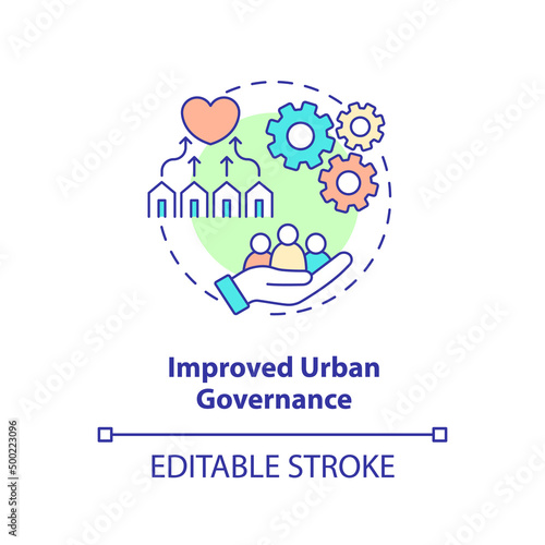 Improved urban governance concept icon. Urban development principle abstract idea thin line illustration. Inclusiveness. Isolated outline drawing. Editable stroke. Arial, Myriad Pro-Bold fonts used