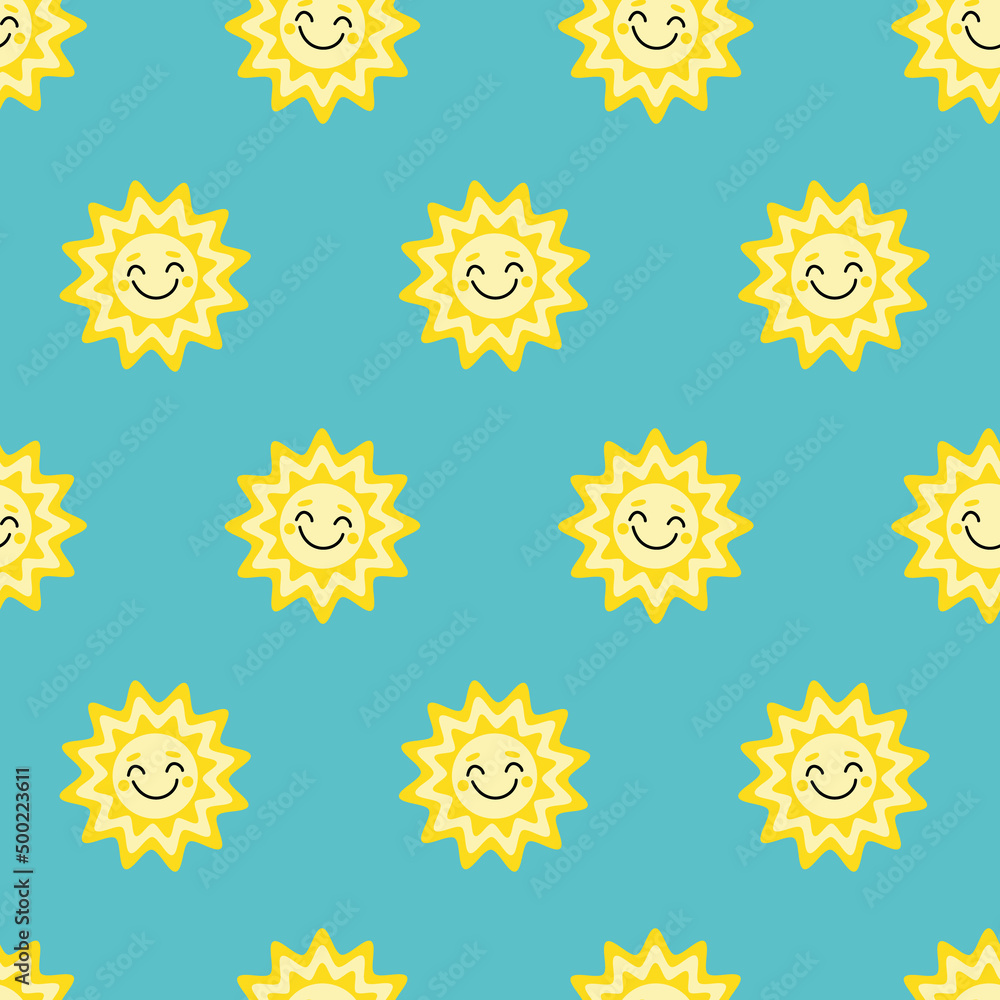 Cartoon Sun Pattern Sun. Seamless pattern with smiling sun on blue background. Flat ...
