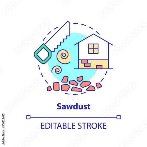 Sawdust concept icon. Alternative building material abstract idea thin line illustration. Eco-friendly solution for waste. Isolated outline drawing. Editable stroke. Arial, Myriad Pro-Bold fonts used