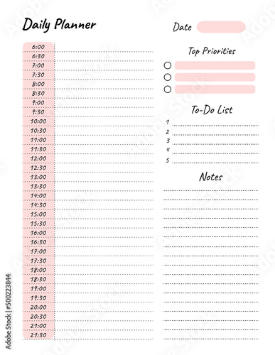 Daily planner printable template Vector. Blank white notebook page Letter size. Business organizer schedule page for a day for effective planning. Paper sheet. Vector illustration design