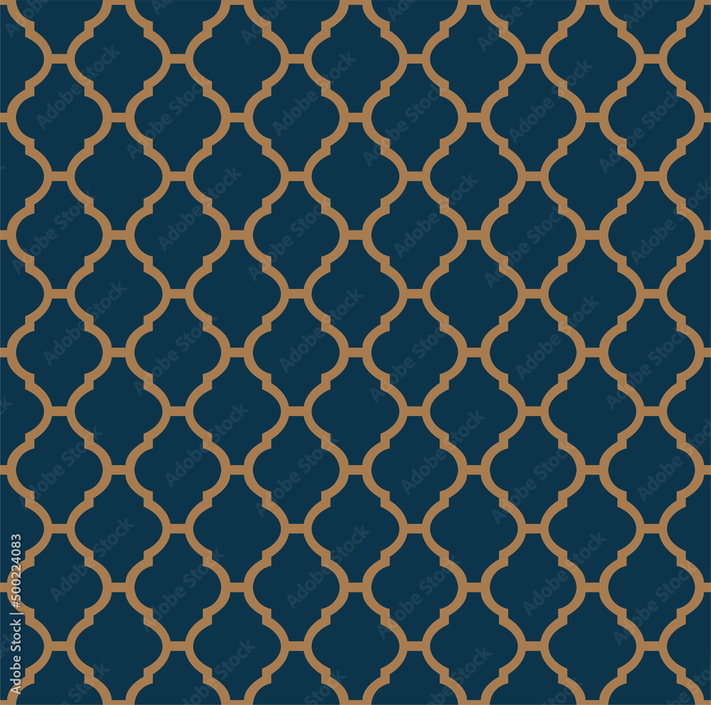 Art deco line art. Moroccan grid pattern in gold and blue color. Decorative seamless background.