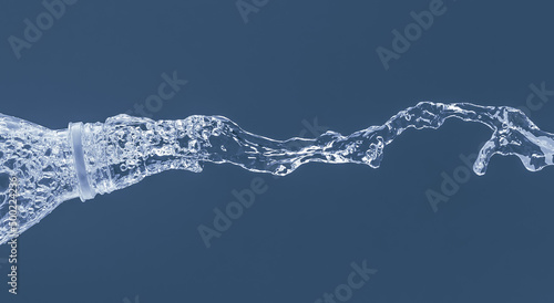 Splash of water from a bottle on a blue background. Reflection on the surface of the water.