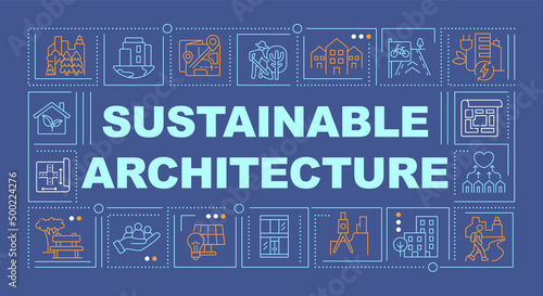 Environmental architecture word concepts dark blue banner. Reduce CO2 emissions. Infographics with icons on color background. Isolated typography. Vector illustration with text. Arial-Black font used