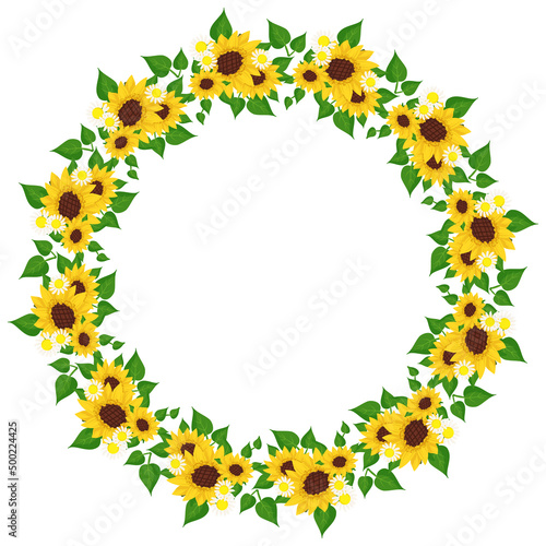Sunflower and chamomile wreath with green leaves. Round frame, cute bright sun and daisy flowers. Festive decorations for wedding, holiday, postcard, poster and design. Vector flat illustration
