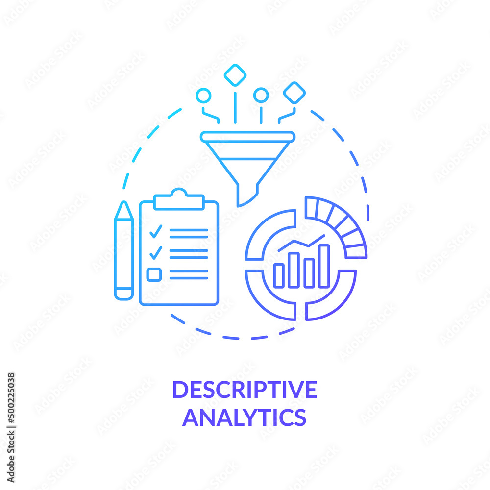 Descriptive analytics blue gradient concept icon. Type of business analytics abstract idea thin line illustration. Statistical data. Isolated outline drawing. Myriad Pro-Bold font used