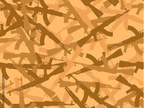 Camouflage endless vector pattern AK-47 assault rifle, 3/4 format. Vector camouflage from AK-47 for print, limitless. Sand shades