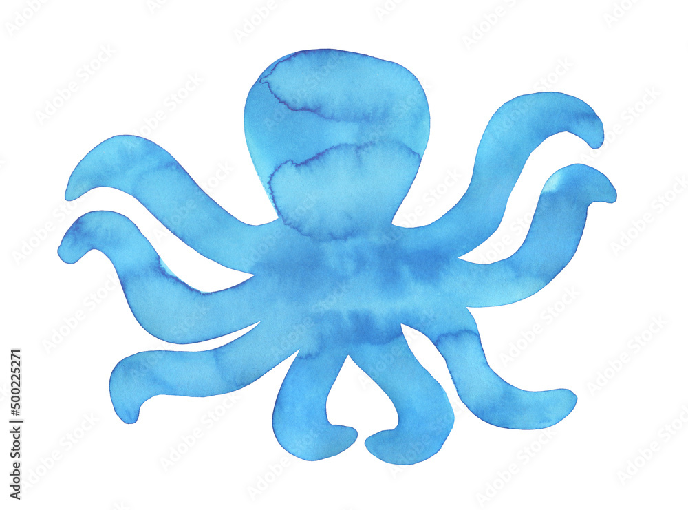Watercolour shape of big Octopus with eight tentacles. Symbol of logic ...