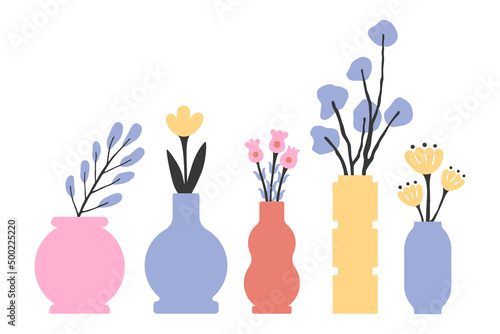 Collection of holiday posters with flower bouquets in vases. Vintage vector botanical illustration on Easter card photo