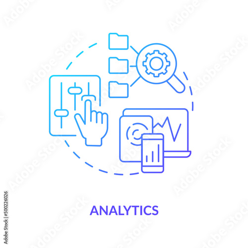 Analytics blue gradient concept icon. Business intelligence function abstract idea thin line illustration. Performance improvement. Isolated outline drawing. Myriad Pro-Bold font used