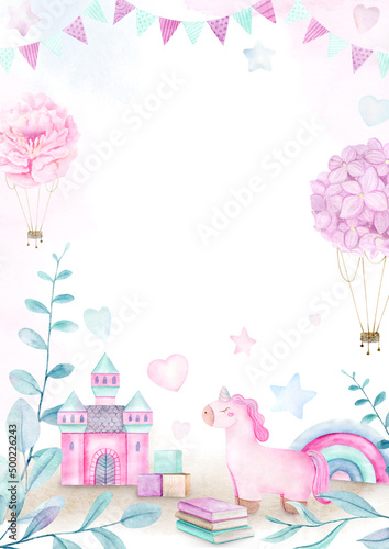 Watercolor frame of children's toys unicorn, castle, house, rainbow