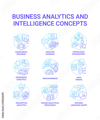 Business analytics and intelligence blue gradient concept icons set. Analysis idea thin line color illustrations. Machine learning. Isolated symbols. Roboto-Medium, Myriad Pro-Bold fonts used