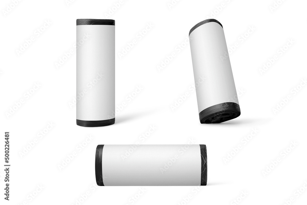 Roll of black plastic bags with empty label, Packages for garbage mockup isolated on a white background. 3d rendering. Roll of black plastic bags with empty label, Packages for garbage mockup isolated on a white background. 3d rendering.