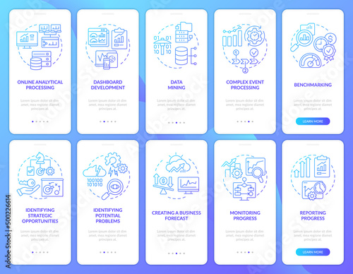 Data management solutions blue gradient onboarding mobile app screen set. Walkthrough 5 steps graphic instructions pages with linear concepts. UI, UX, GUI template. Myriad Pro-Bold, Regular fonts used