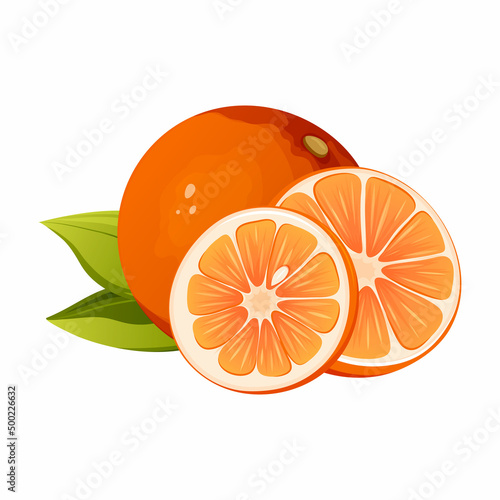 Orange citrus fruit vector illustration. Slices and whole with leaves. Vitamin summer healthy food on a transparent isolated background for sticker, poster, banner