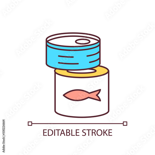 Food preserves RGB color icon. Canned food products. Tin cans with long lasting food. Grocery assortment. Isolated vector illustration. Simple filled line drawing. Editable stroke. Arial font used