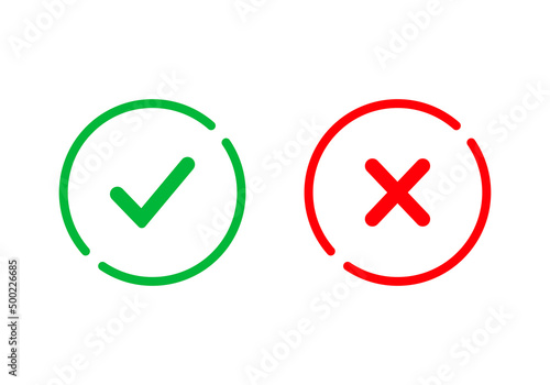 Yes or no icon. Green tick symbol and red cross sign in circle. Checkmark and check icon. Approval. Like and dislike icon. X or approve or deny line art vector icon for apps and websites and ui ux.