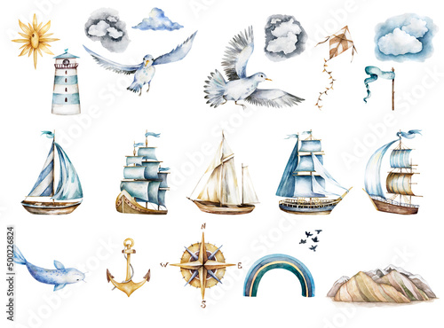 Ship watercolor.ship.children's dreams.dream.clouds,sea adventures,nautical clipart isolated on white background,boat, seagull, underwater world.Adventure.watercolor set of postcards