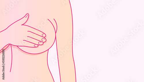 Breast Self-Exams line icon. Breast health. Breast cancer. Pink ribbon. Silhouette icon. Timely breast examination. Health care. National Breast Cancer Awareness. Health-care poster or banner template