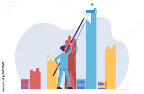 Financial and economic growth. The businessman draws a graph of growth in indicators with paint.