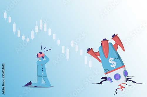 The financial and economic crisis. The businessman is desperate because the numbers on the chart are falling. The rocket is broken.