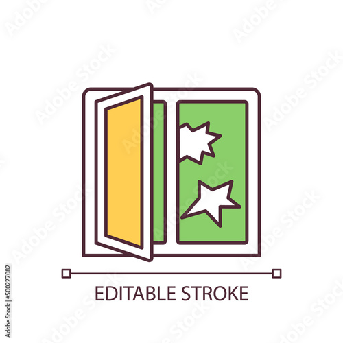 Broken window RGB color icon. Abandoned building with destroyed window. Result of vandals attack. Isolated vector illustration. Simple filled line drawing. Editable stroke. Arial font used