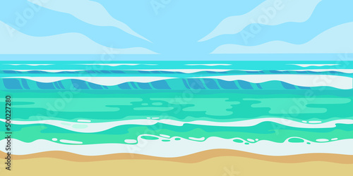 Vector illustration of a beach and a sea coast landscape with sea or ocean waves and golden sand. Creative summer banner or landing page for tour operator or travel agency. Summer theme background.