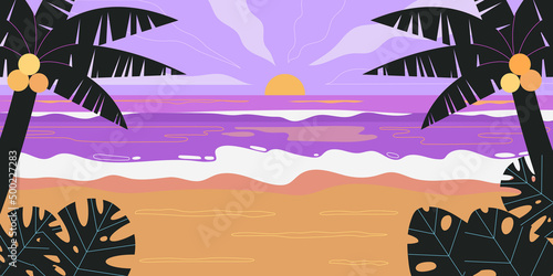 Vector illustration of a beach and a sea coast landscape at a sunset with a beautiful evening sky. Creative summer banner or landing page for tour operator or travel agency. Summer theme background.