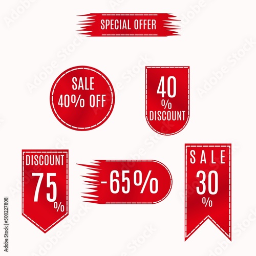 Sales tag set. Ribbon sale banner. Red ribbon prices and discount labels. Red starburst sticker. Vector illustration.