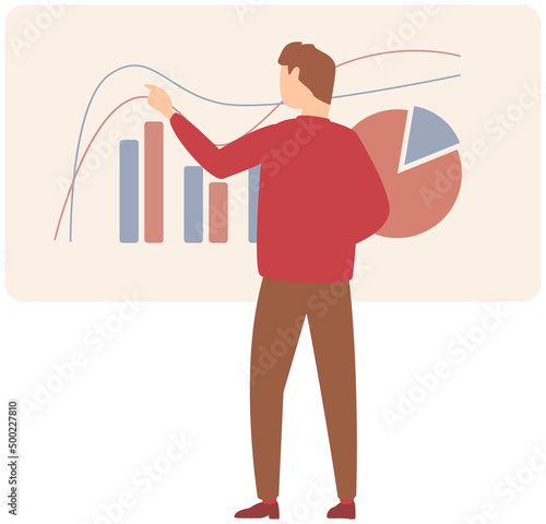 Man standing next to flipchart with diagram. Presentation board with statistical data. Business report showroom with poster and lecturer. Businessman demonstrates results of statistical research