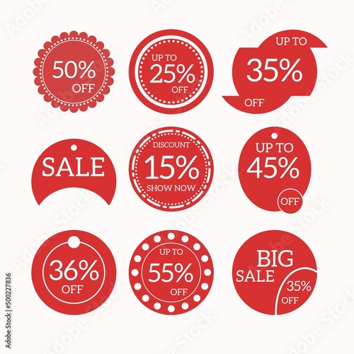Sales tag set. Ribbon sale banner. Red ribbon prices and discount labels. Red starburst sticker. Vector illustration.