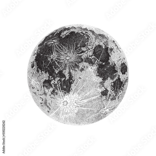 Detailed Full Moon ink drawing in dotwork style