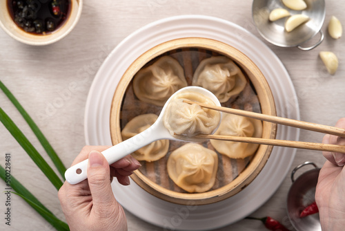 Canvas Print Steamed pork soup dumplings named Xiao long bao xiaolongbao in Taiwan