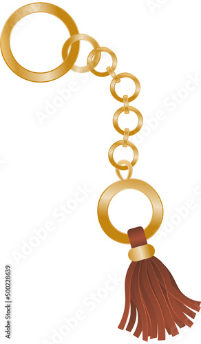 Fittings for women's handbag. Decorative pendant tassel for decorating clothes, curtains or home textiles. Fringe or bag accessory. Gold chain with ring and threads, hanging window curtain decoration