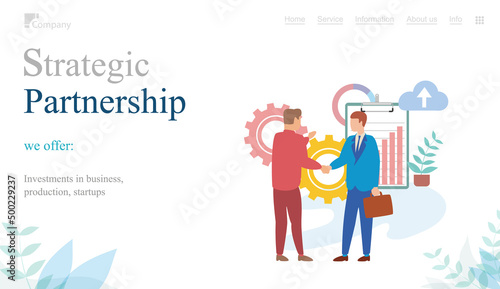 Strategic partnership concept. Teamwork, collaboration, cooperation, joint search for creative strategy. Business website landing page template. Partners shaking hands after signing contract agreement