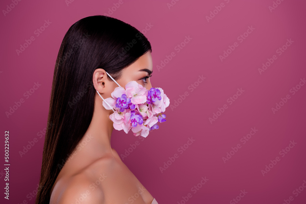 Profile side photo of korean lady wear blossom mask protect season disease empty space isolated pastel color background Profile side photo of korean lady wear blossom mask protect season disease empty space isolated pastel color background