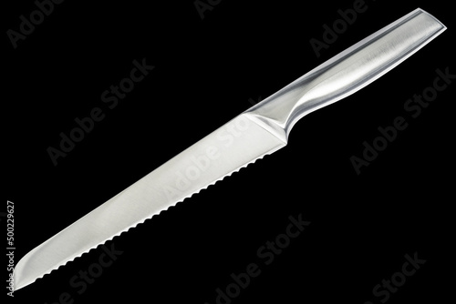 Stainless Steel Serrated Blade Bread Knife Isolated on Black Background