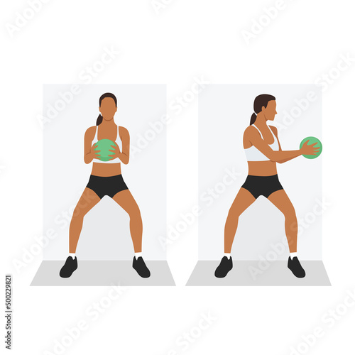 Woman doing Medicine ball Wall sit rotation exercise. Flat vector illustration isolated on white background. workout character set